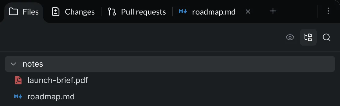 The Dock tab strip with Files selected, Changes, Pull requests, and a docked roadmap.md pane
