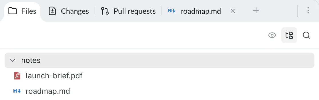 The Dock tab strip with Files selected, Changes, Pull requests, and a docked roadmap.md pane