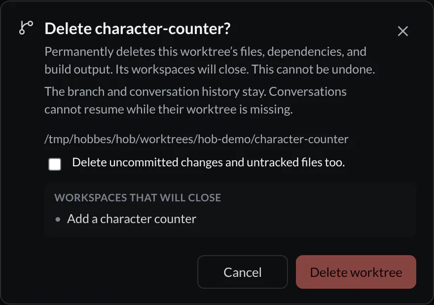 Delete character-counter dialog with its checkout path, an unchecked acknowledgment for uncommitted files, and Add a character counter in Workspaces that will close