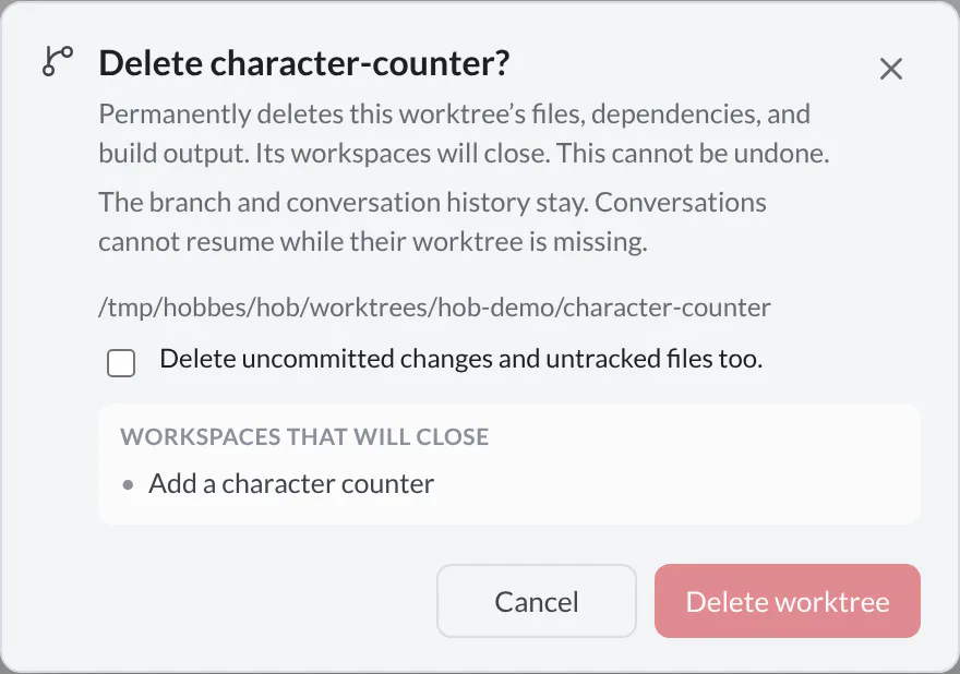 Delete character-counter dialog with its checkout path, an unchecked acknowledgment for uncommitted files, and Add a character counter in Workspaces that will close