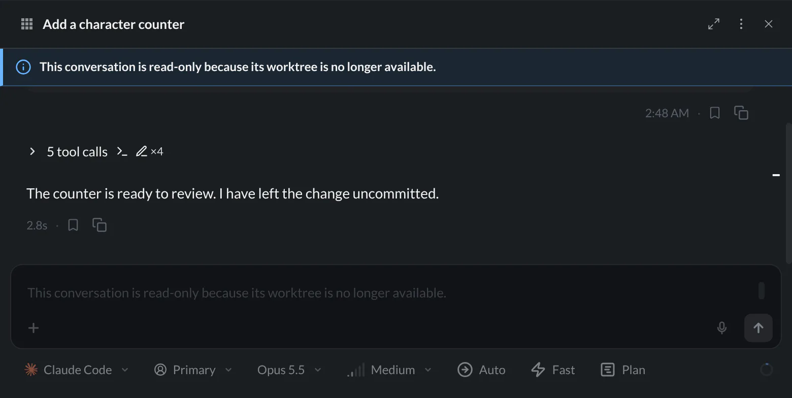 Recovered character-counter conversation with a read-only banner and disabled composer because its original worktree is no longer available