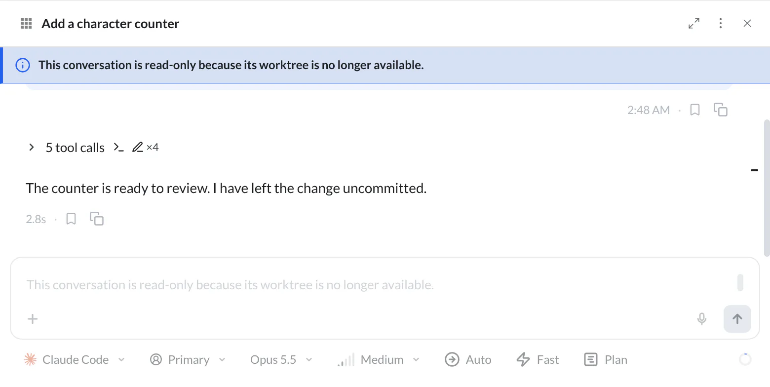 Recovered character-counter conversation with a read-only banner and disabled composer because its original worktree is no longer available